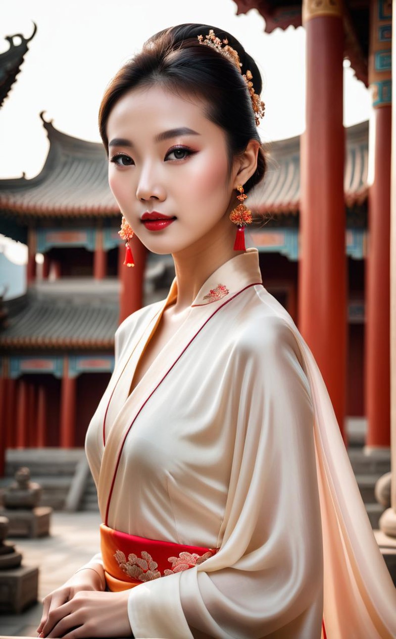 A Photograph of a young chinese woman in a realistic professional photoshoot, silk cloths, Capture her graceful beauty as ...
